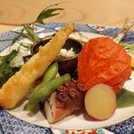 はらまさ - ヤングコーンの天ぷら、タコの柔らか煮、鮎、しろあえ