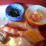 奈良ホテル - 車海老柴煮　紅鱒タルタルオレンジ風味　柿風味のカステラ焼き　パテドコション　菊菜お浸し