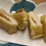 御膳蕎麦 雷門 田川 - 納豆と明太子のはんぺん挟み