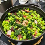 日本料理 TOBIUME - ⑩真蛸(福岡県関門海峡産)&枝豆(山口県下関産)の炊き込みご飯
      関門タコは超急流の潮流に揉まれるので筋肉質で足が太いので、旨みと言うか滋味が主張してきます