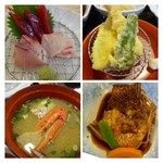 稚加榮 - お刺身は「マグロ」が熟成加減がよく美味しいですね、鯛とカンパチは普通。
            天ぷらは衣が固めでした。
            アラ炊き・・甘辛く煮つけてあり美味しい。
            蟹汁・・身はほとんどないですが、いいお出汁が出ています。