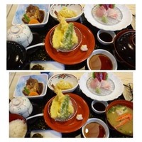 稚加榮 本店 - 和定食・・「天ぷら（海老・キス・ピーマン・丸十）」「お刺身（鯛・マグロ・カンパチ）」「鯛のアラ炊き」「茶碗蒸し」
                「揚げ出し豆腐」「香の物」「ご飯」「蟹汁」のセットです。
