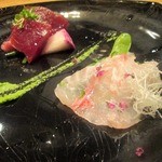 北新地 海櫻 - 大間の鮪と天然もみじ鯛のカルパッチョ