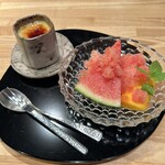 日本料理うしお - 水菓子　西瓜・マンゴー・ココナッツ、酒粕のクレームブリュレ　