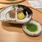 日本料理うしお - 進肴　太刀魚塩焼き、やなか生姜、早摘みみかん　蓼醤油