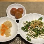 北京ダックマニア - 前菜三種盛(杏露酒トマトゼリー・クラゲの冷製・パクチーサラダ)