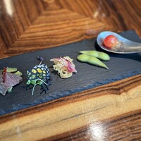TexturA - 牛肉とごうやあ、炙りイカとイカスミ煎、白滝と茗荷、山椒の枝豆、トマトピューレ