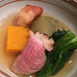 帰燕 - 炊き合わせ：鴨・焼き茄子・ホウレン草・里芋・南瓜