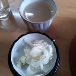 大清水食堂 - ざるそば￥450の薬味と蕎麦湯（H26.10.3撮影）