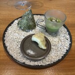 312250708 - 賽の目切り三角ミナ&胡瓜の冷製ガスパチョと鱧(出水産)のフリット