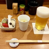 里葉亭 - ピクルス盛り合わせ／食前の冷製とうもろこしスープ