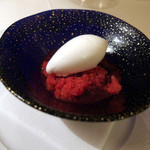 Bouley - Chilled black raspberry soup.Dairyless coconut sorbet.