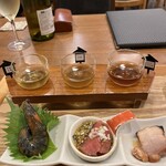 豊栄 - 紹興酒飲み比べと前菜　海老はおみそチューチューしてね　出来立てチャーシューはほんのり甘く軟らかい
