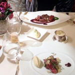 Bouley - 手前：A5 # 12 True Kobe Beef.　奥：Organic Colorado Rack of Lamb.Tuscan olives, cured lemons