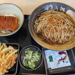 ゆで太郎 - ミニうな丼セット、温蕎麦、更にサービス券でかき揚げ