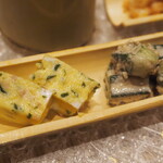 割烹さいお - 豚肉とニラの玉〆＆オクラ胡麻和え