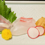 すずのあん - 刺身盛り　縞鯵　明石の真鯛　紫雲丹