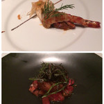 ニルヴァーナ ニューヨーク - アペタイザーは久米島産車エビのシアード、中トロマグロとカチュンバルサラダ。同行者のナブラタンティッキ クミン風味のトマトマリネ