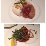 ニルヴァーナ ニューヨーク - デザートはココナッツムース、スパイス風味イチジクのロティ。同行者のタンドール タンドリーチキンティッカ