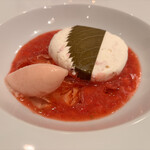 フランス料理 タンモア - ◎デザート：クレームダンジュ、桜餅仕立て、ロゼダンジュのジュレ、苺