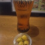 Pizza Land - お通し（オリーブ）、生ビール