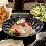 活魚 魚一 - お刺身3点盛り、鮪の赤身、金目鯛、旬のスズキだと思います^_^