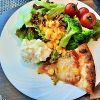 MIDO RESTAURANT PIC NIKA - サクッと香ばしいピザはチーズ多めでいい風味！サラダはドレッシングはもちろん、クリスピーベーコンやオニオンフライなどトッピングも充実
