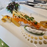 シャトー　ラ・パルム・ドール - 柔らかな食感のブイヨンで煮られているであろう
アッサリとした旨味のあるササミの上には

かぼちゃの味わい、甘み感を生かした
カレーをほんのり合わせている
モンブラン風のピューレが載せてあり