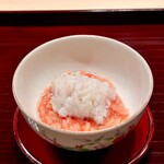 多仁本 - 湯引きした鱧はなんとフルーツトマトのリゾットと。コレが旨いのなんの！梅肉タレもいいけど個人的には次回からコチラを用意して欲しい♫