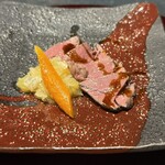 銀座 鉄板焼き ステーキ K-sio - 実山椒マリネの夏鹿直火焼き　愛媛の河内晩柑と共に