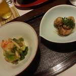 勢揃坂 蕎 ぎん清 - 磯つぶ貝の山椒煮、海老とわけぎの辛子酢味噌