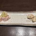 とりや - 先付け（鶏のネギ塩とタツタ揚げ）