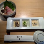 青ゆず 寅 - 前菜…いわし梅煮、枝豆豆腐、湯葉刺身