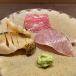 鮨 鈴木 - つぶ貝・縞鯵といわし鯨の尾の身