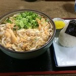 福栄食堂 - 玉子とじうどん430円&おにぎりこんぶ小100円