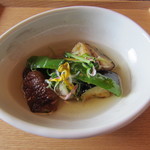 僧伽小野 一秀庵 - 取り分けて頂いた留肴の「秋茄子と黄金穴子のオランダ煮」