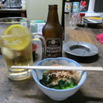 庚申酒場 - ホッピーとほうれん草のおひたし　２０１４年７月