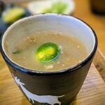 食菜　かま田 - 紫蘇おろし酢橘トッピングの日は、酢橘も絞って、蕎麦湯にドボン。美味しい＼(^o^)／