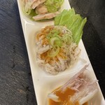 やきとり 志げる - お好み3品盛り(豚足、千枚刺！ガツ刺し(しょうが))
