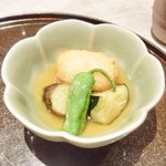 東麻布 逢坂  - 『'14/09/29撮影』鯛茶づけ 1200円 の鯛のクリームコロッケ、茄子、ししとうの餡かけ