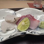 徳ㇵ本也 - 下ろしたてのツバス（明石直送）
      鱧の焼き霜（明石直送）