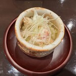 酒亭 田中 - 熊野地鶏白湯スープで炊いた鶏粥 北海道昆布森産毛蟹の出汁