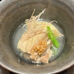 割烹まさご - 温物　香木豚と茄子の煮浸し、エゴマスタード添え　最後にほっとする優しいお料理です