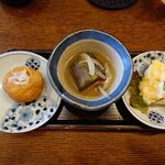 釜めし菜時記 さき亭 - 前菜三種盛り合わせ、がんもどき含め煮、冷たい茄子の揚げ出し、ポテトサラダ