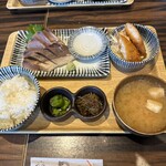 肉豆冨とレモンサワー 大衆食堂 安べゑ - 【2025.8.13(水)】豊洲鮮魚の刺身定食（イナダ＋揚げ物＋ご飯＋味噌汁＋漬物＋惣菜）1,098円