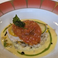 横濱元町 霧笛楼 - ハマダイのソテー 夏野菜のラタトゥイユ風
                    茄子のバターライス トウモロコシソース