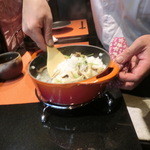 高麗橋桜花 - 松茸ご飯♪　板さんが混ぜ混ぜしてくださってます～、良い香り～♪　「ルクルーゼ」のお鍋で炊き立てですよ～＼(^o^)／