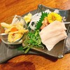 地鶏焼き鳥 かどまつ - 右手前から，胸肉、モモ肉、左に移り，鶏皮ポン酢です。