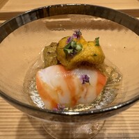口福 みなみ - 先付け…車海老。ウニ、穂紫蘇