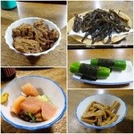 煮こみ￥400/ぶつ納豆￥300/サキイカ(イカスミ入り)￥300/梅きゅうり￥270/メンマ￥230